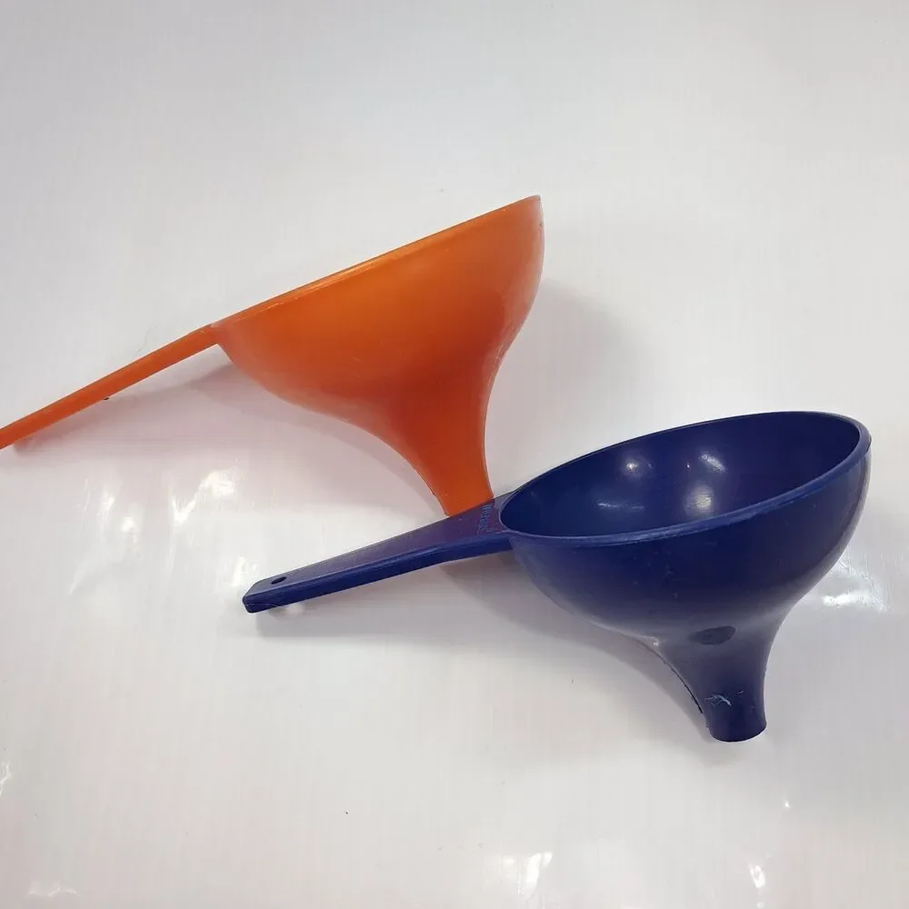 Vintage Tupperware funnel set 2 blue 1227-2 1227-6 orange Hershey Kiss plastic
